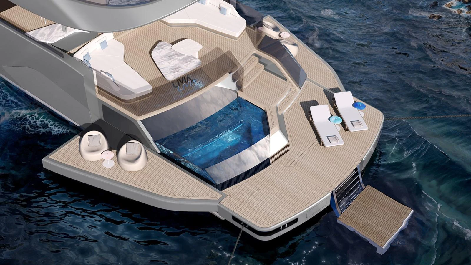 The yacht's aft deck features luxurious sun loungers and a sleek, modern design, perfect for relaxation by the water. aboard LIVIA Yacht for Sale