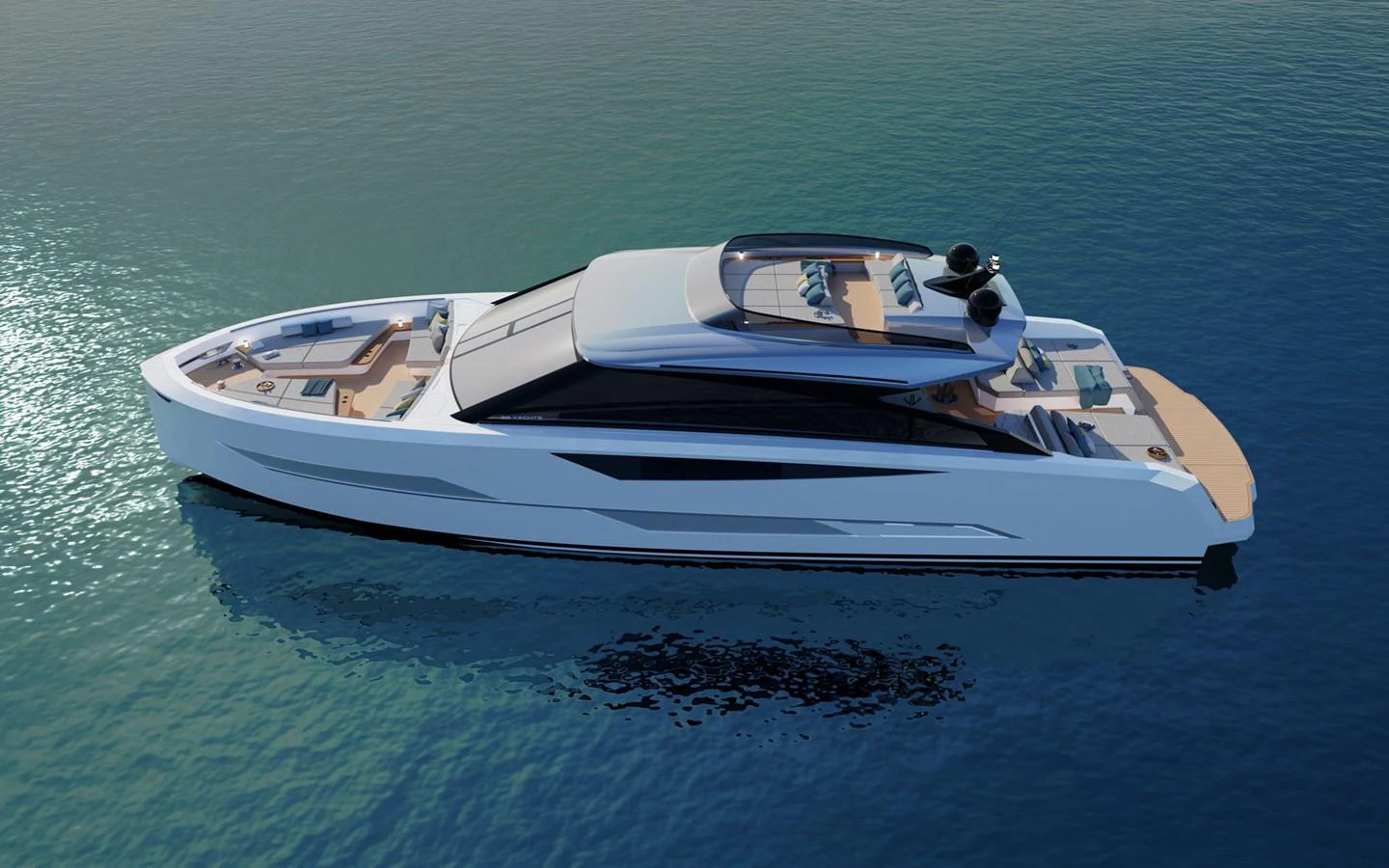 A sleek and modern yacht glides gracefully on calm waters, showcasing its elegant design and spacious deck areas. aboard 66 Yacht for Sale