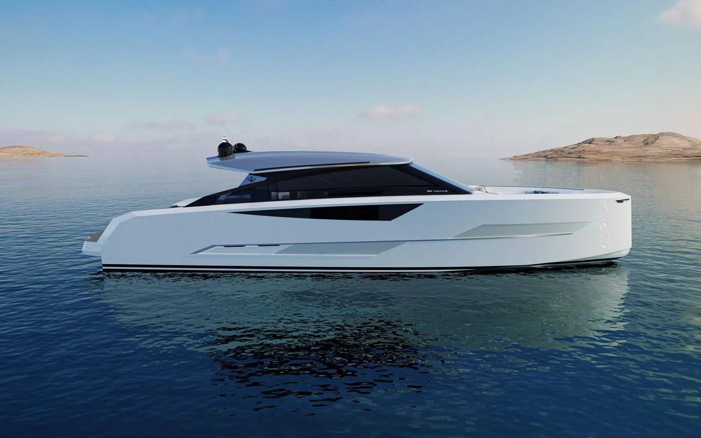 A sleek, modern yacht glides gracefully on calm waters under a clear sky. aboard 66 Yacht for Sale