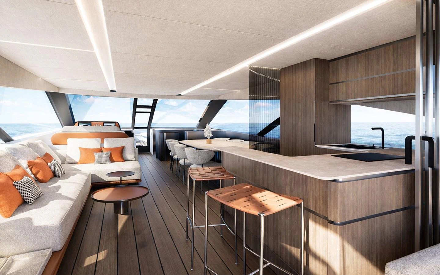 The salon features modern furnishings with ample natural light and panoramic views. aboard 66 Yacht for Sale