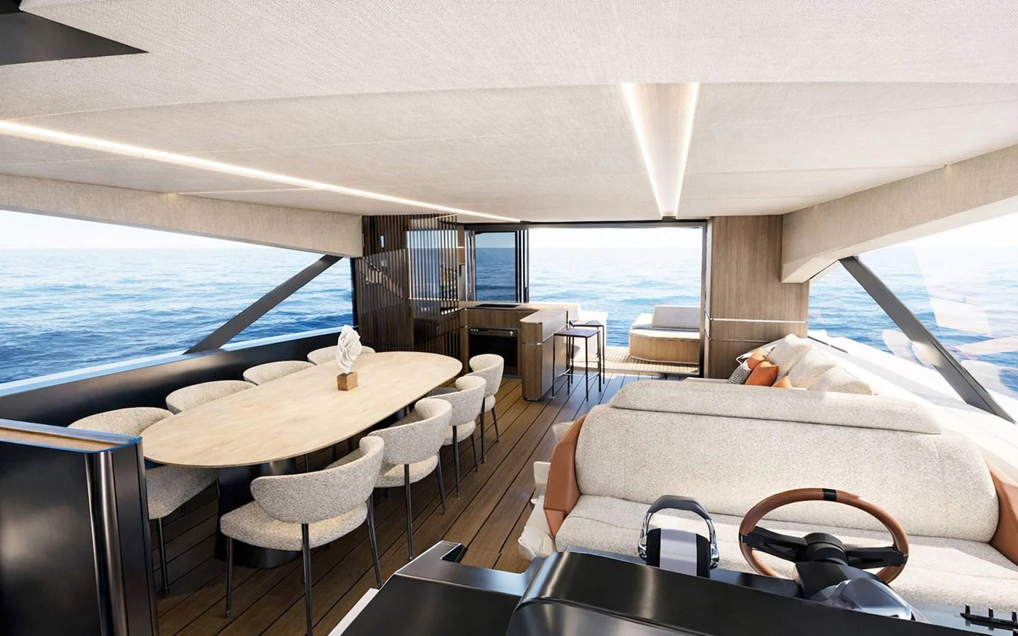 The salon features a spacious dining area with panoramic ocean views. aboard 66 Yacht for Sale