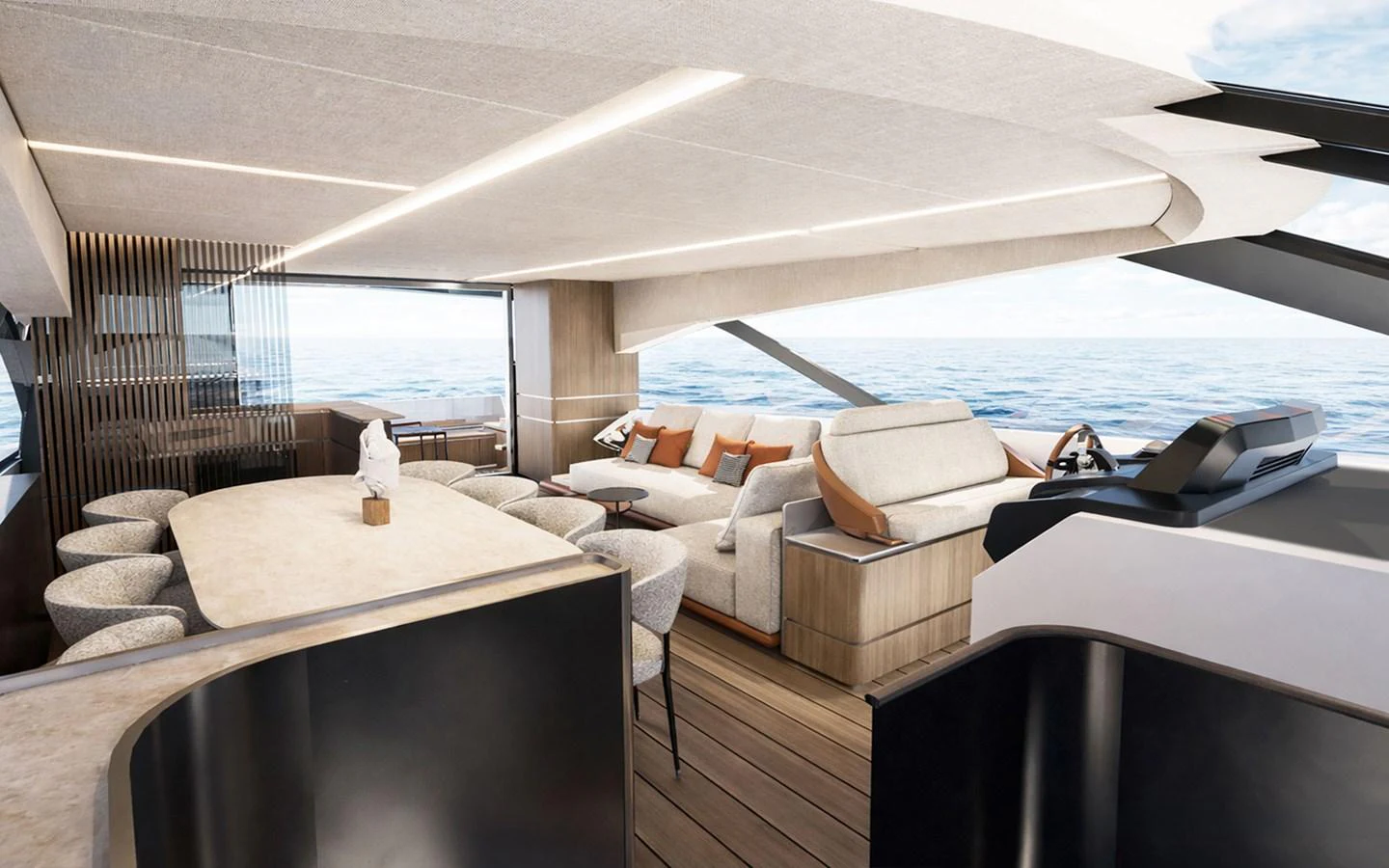 The salon offers a spacious and luxurious seating area with modern furnishings and panoramic views. aboard 66 Yacht for Sale
