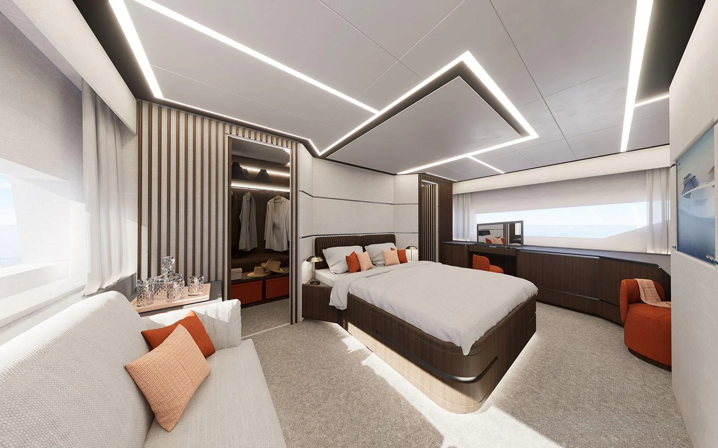 The master stateroom features a spacious layout with modern furnishings and elegant lighting. aboard 66 Yacht for Sale
