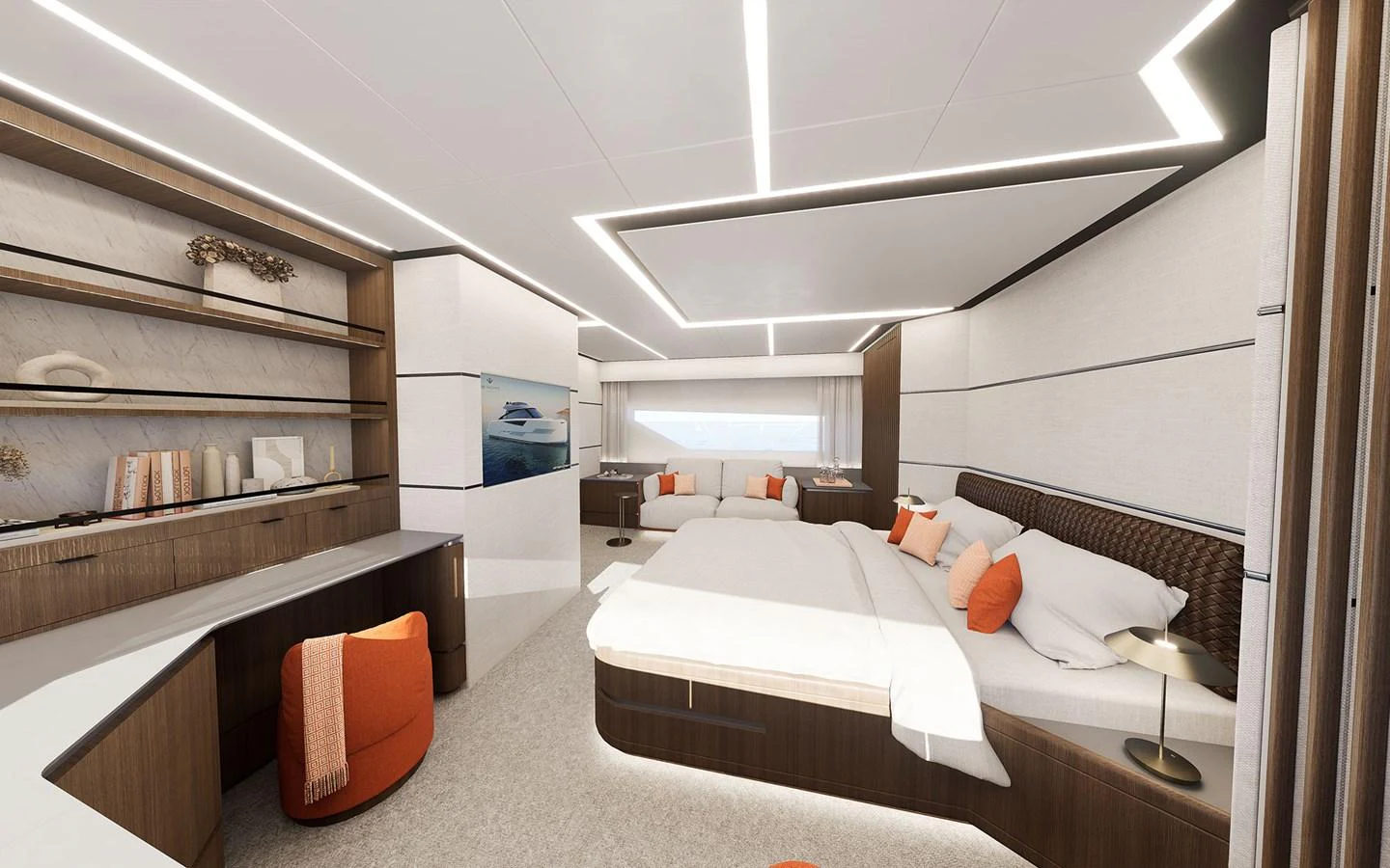 The master stateroom features a spacious bed, modern decor, and ample natural light. aboard 66 Yacht for Sale