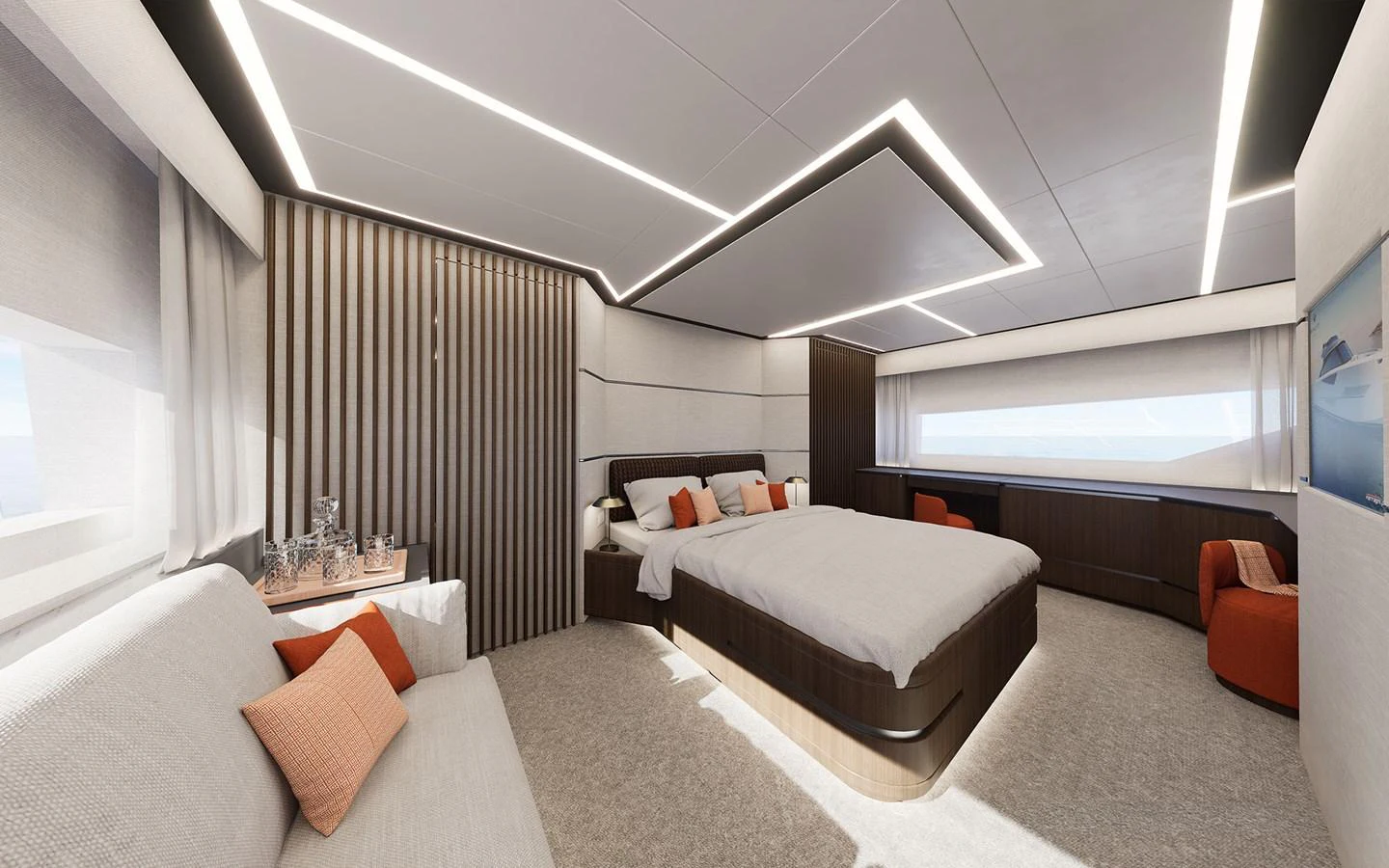The master stateroom features a spacious bed, modern lighting, and elegant decor. aboard 66 Yacht for Sale
