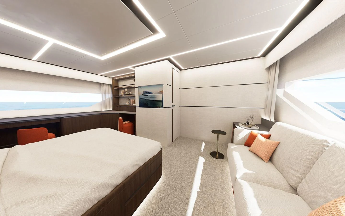 The master stateroom features a spacious layout with modern furnishings and ample natural light. aboard 66 Yacht for Sale
