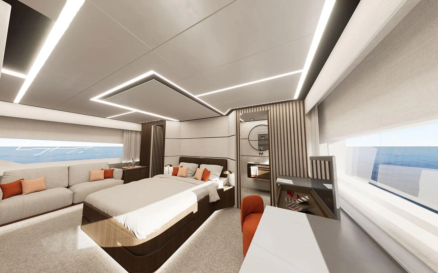 The master stateroom offers a spacious and luxurious retreat with modern design elements and ample natural light. aboard 66 Yacht for Sale