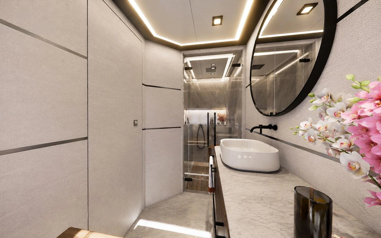 The bathroom features modern fixtures and elegant design with a round mirror and a stylish sink. aboard 66 Yacht for Sale