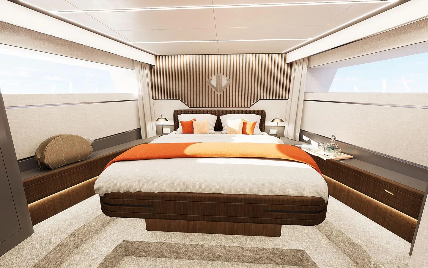 The master stateroom features a luxurious bed with elegant wood accents and ample natural light. aboard 66 Yacht for Sale