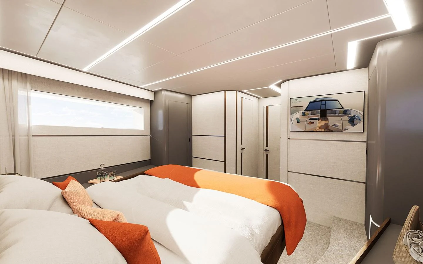 The stateroom features a spacious bed with modern decor and ample natural light. aboard 66 Yacht for Sale