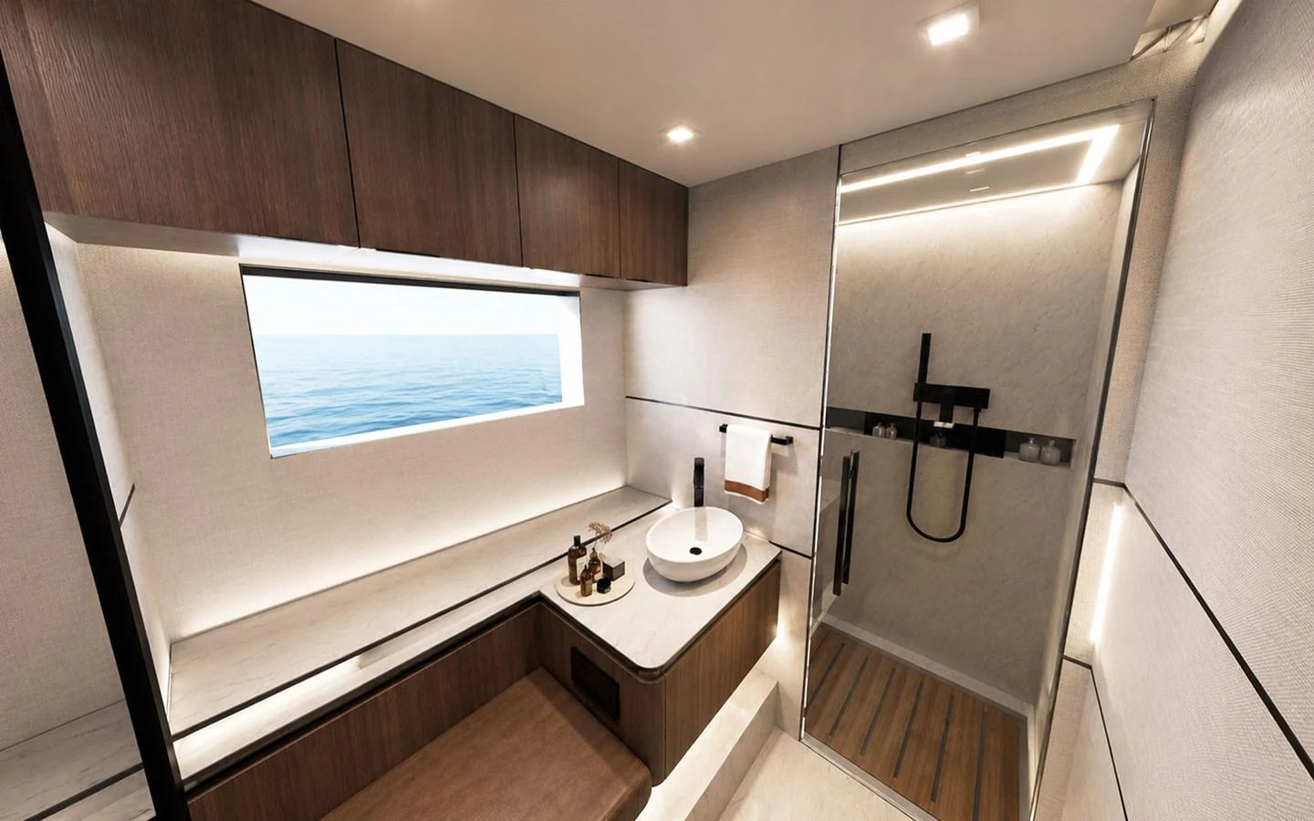 A modern yacht bathroom with sleek fixtures and a large window offering a view of the sea. aboard 66 Yacht for Sale