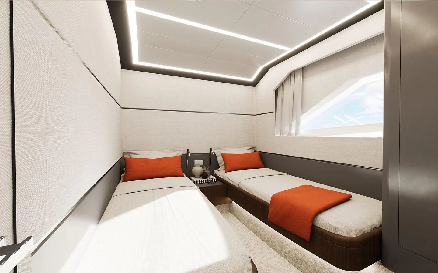The twin stateroom offers a modern and cozy retreat with two single beds and stylish accents. aboard 66 Yacht for Sale