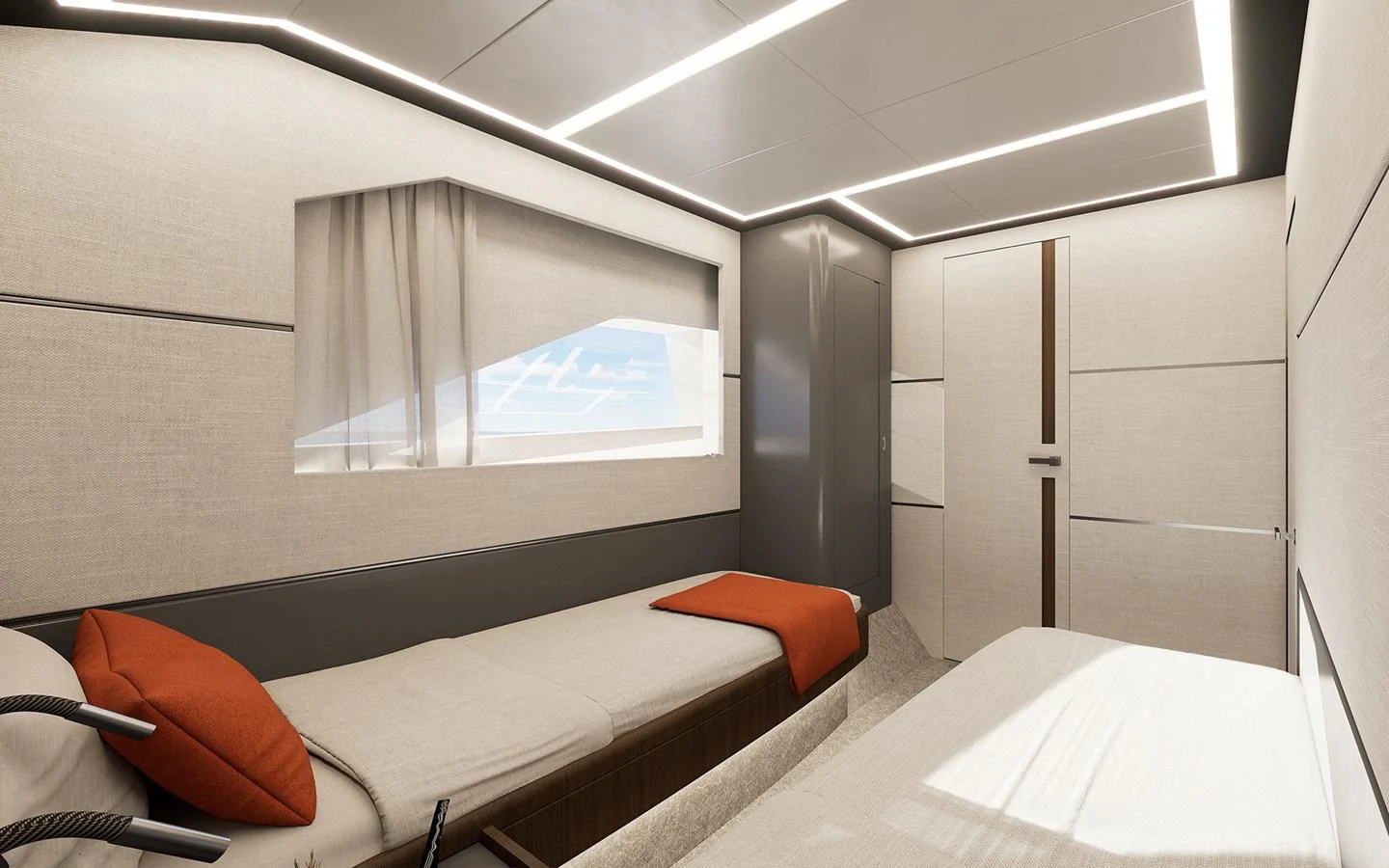 The guest cabin features twin beds with modern decor and ample natural light. aboard 66 Yacht for Sale