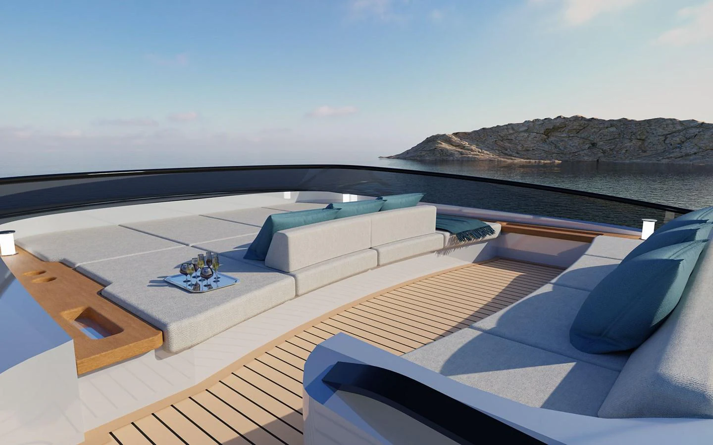 The sundeck offers a luxurious lounging area with stunning views of the surrounding seascape. aboard 66 Yacht for Sale