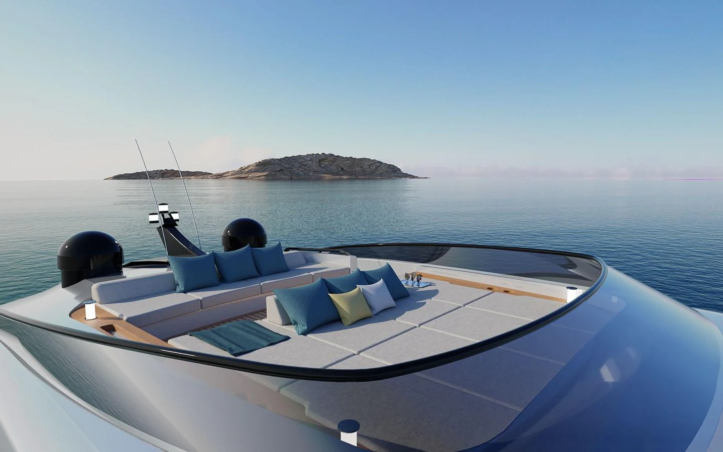 The foredeck features a luxurious sunbathing area with plush cushions and stunning sea views. aboard 66 Yacht for Sale