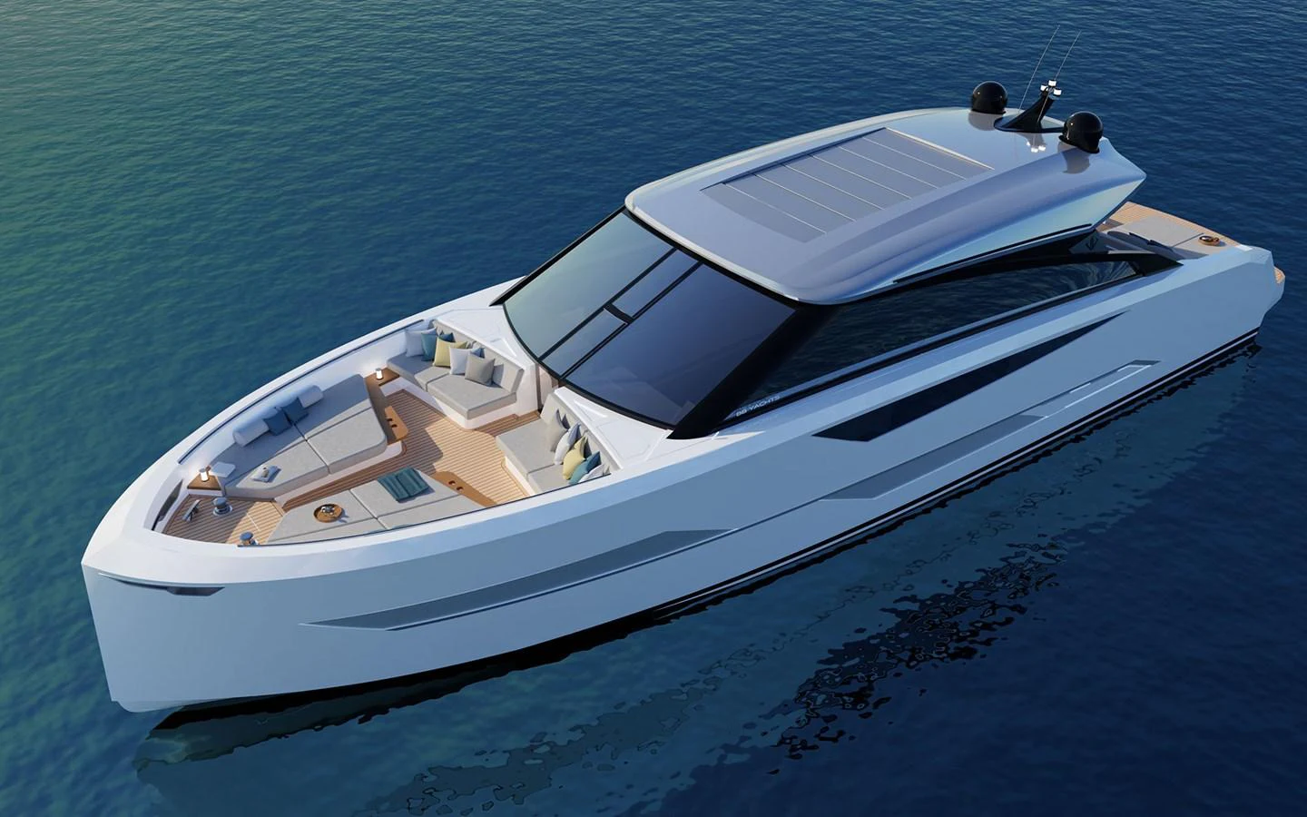 A sleek and modern yacht glides gracefully on calm waters, showcasing its elegant design and spacious deck. aboard 66 Yacht for Sale