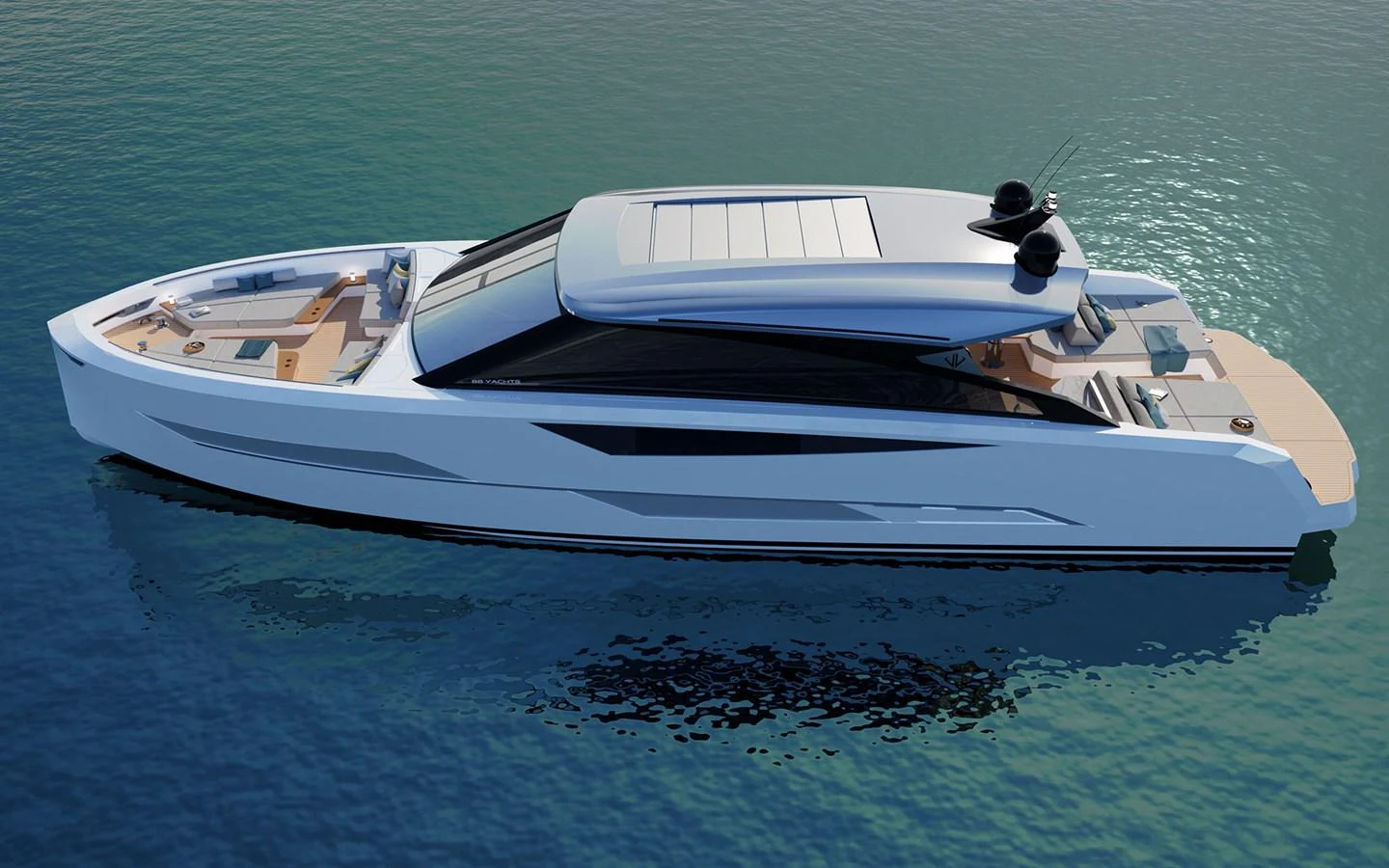 A sleek and modern yacht glides gracefully on calm waters, showcasing its elegant design and spacious deck areas. aboard 66 Yacht for Sale