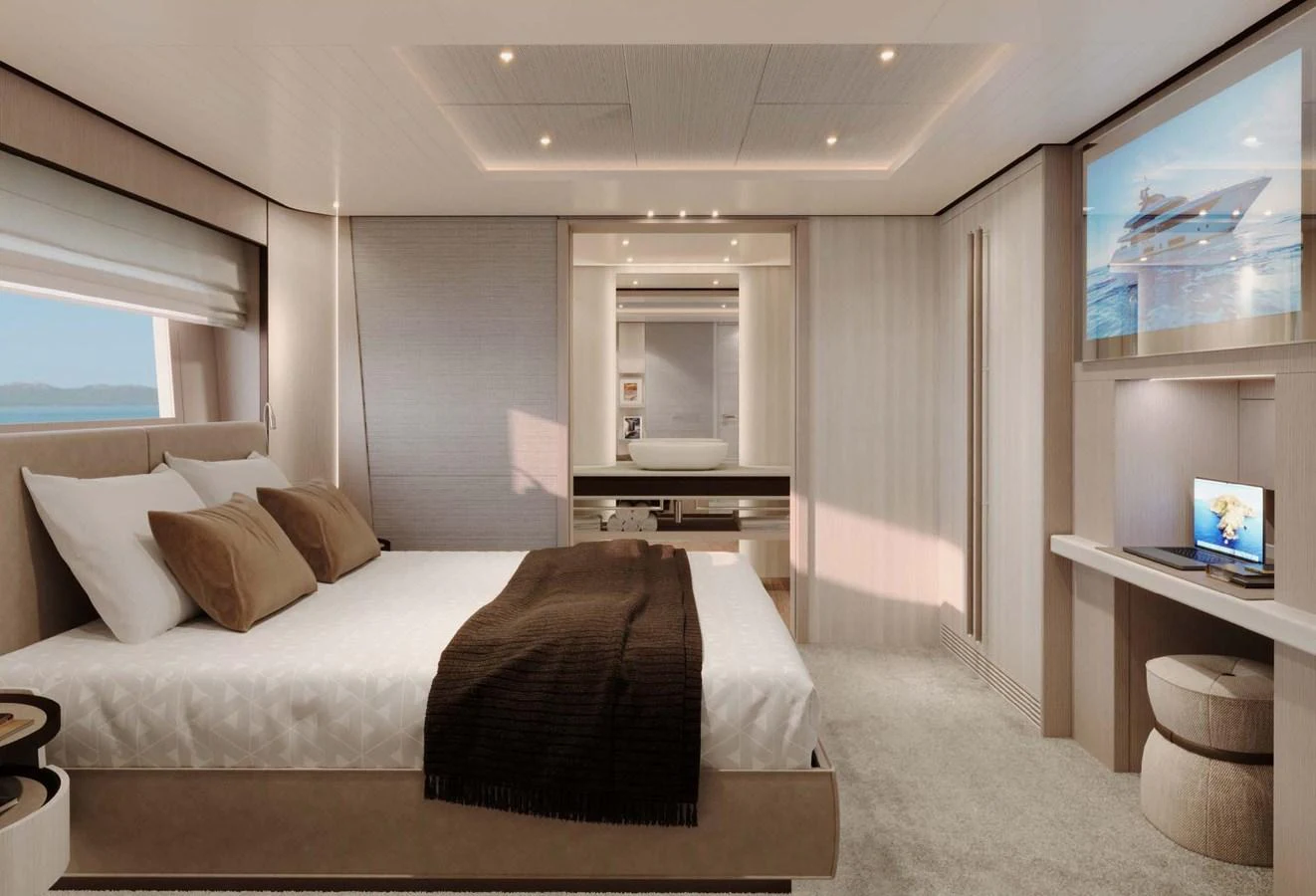 The master stateroom features a luxurious bed, ample natural light, and elegant decor. aboard LUMINA Yacht for Sale