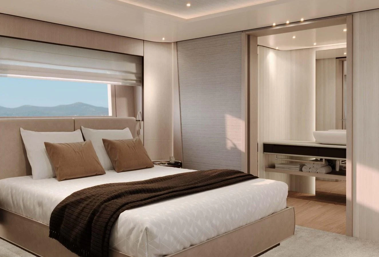The master stateroom offers a serene and luxurious retreat with elegant furnishings and ample natural light. aboard LUMINA Yacht for Sale