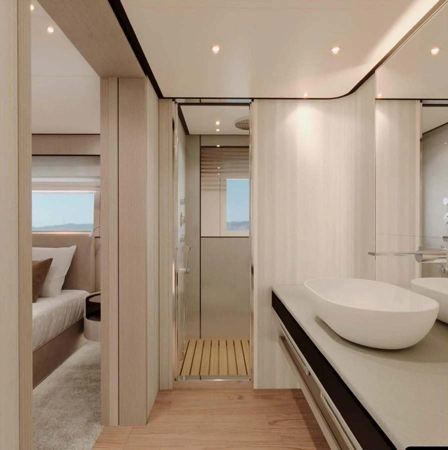 A modern yacht bathroom with sleek fixtures and a serene ambiance. aboard LUMINA Yacht for Sale