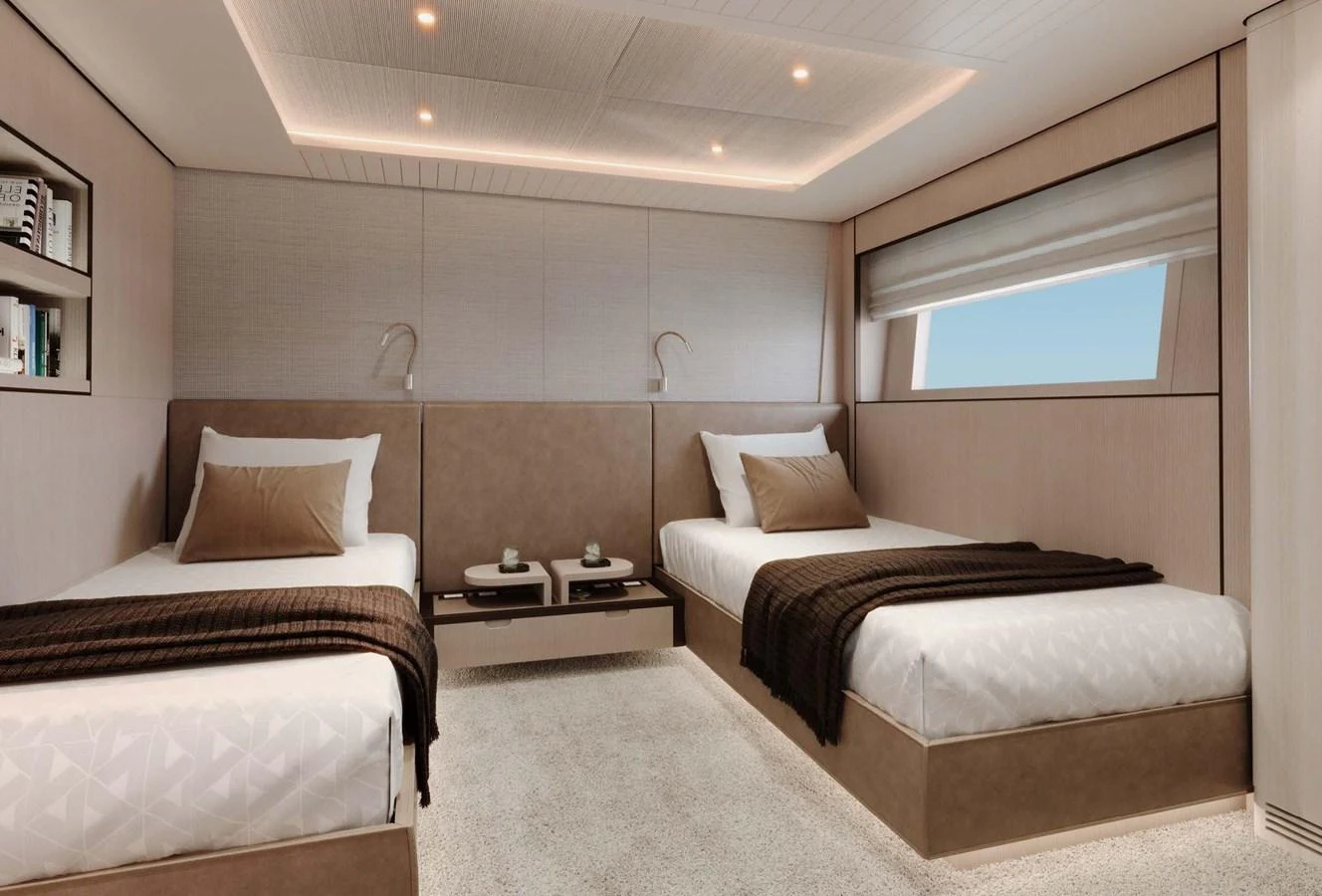 The guest stateroom features twin beds with a modern and elegant design. aboard LUMINA Yacht for Sale
