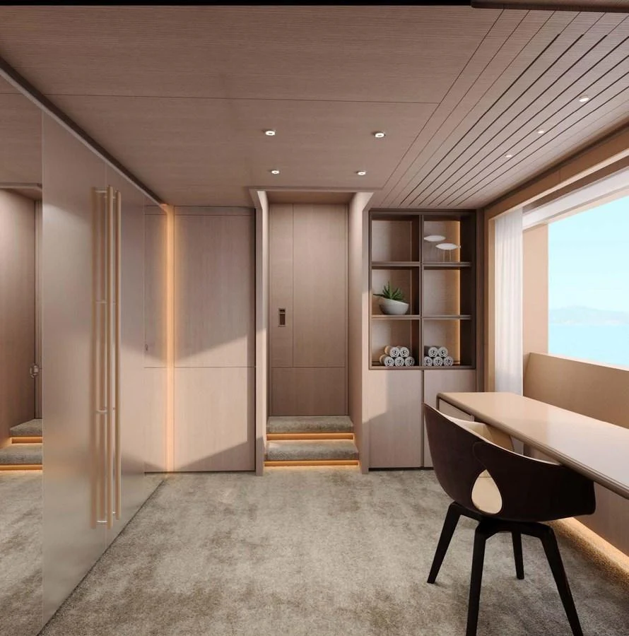 A serene stateroom featuring modern furnishings and ample natural light. aboard LUMINA Yacht for Sale