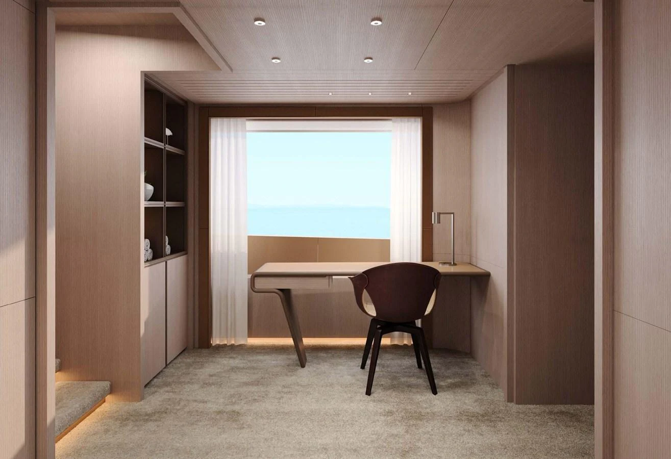 A serene office space with a large window offering a stunning sea view. aboard LUMINA Yacht for Sale