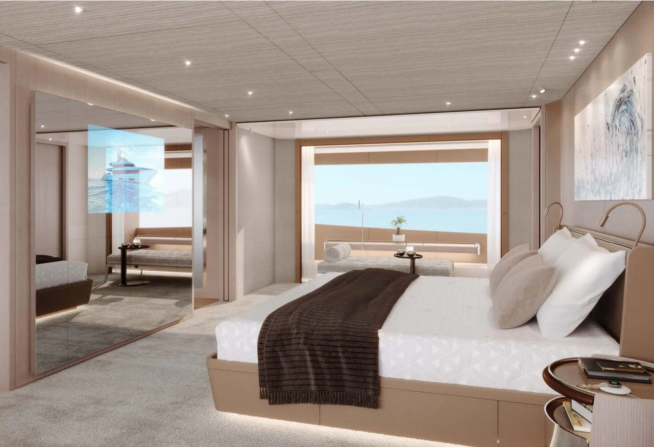 The master stateroom features a spacious and elegant design with panoramic views. aboard LUMINA Yacht for Sale
