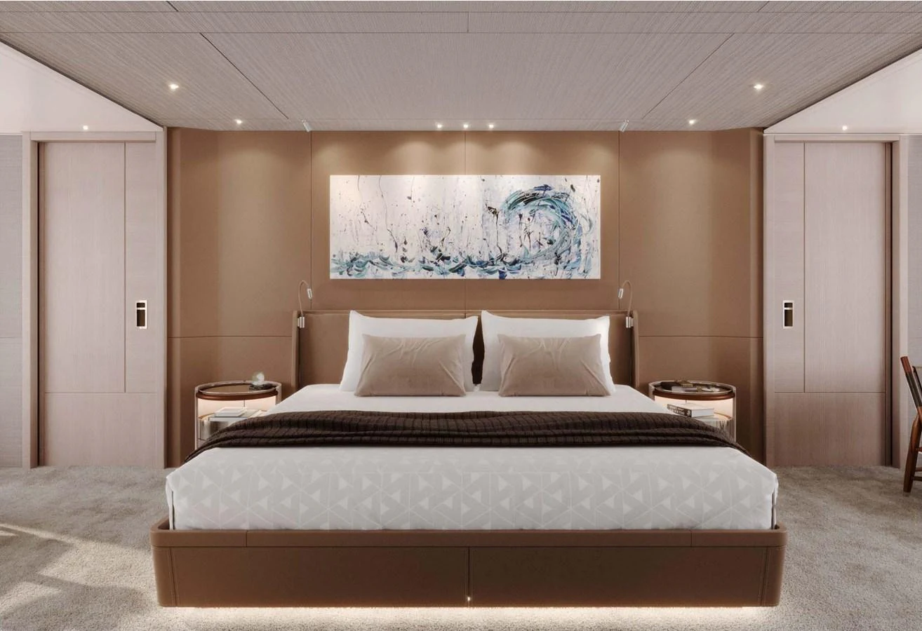 The master stateroom offers a luxurious and serene retreat with elegant decor and ample space. aboard LUMINA Yacht for Sale