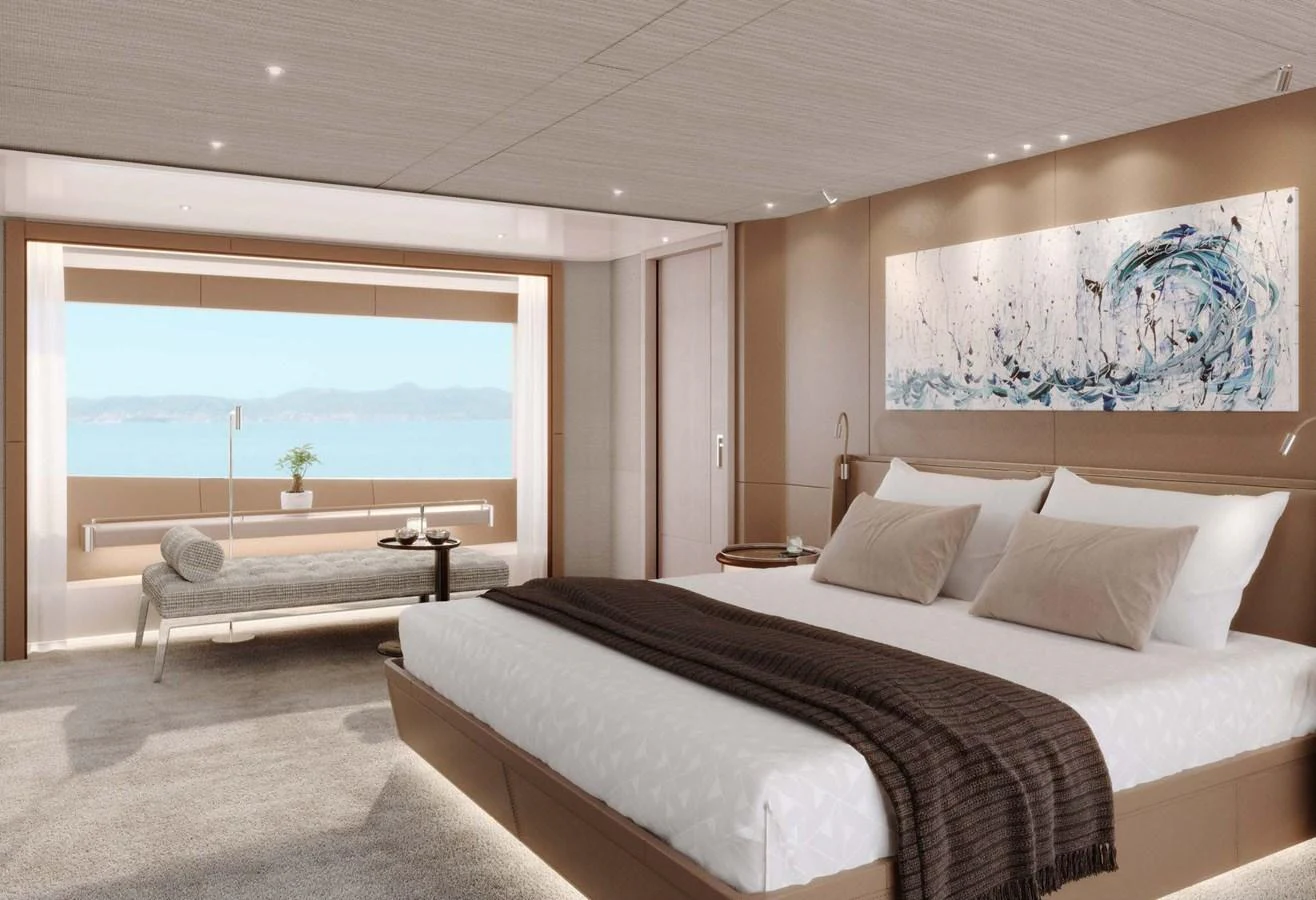 The master stateroom offers a serene and luxurious retreat with a stunning ocean view. aboard LUMINA Yacht for Sale