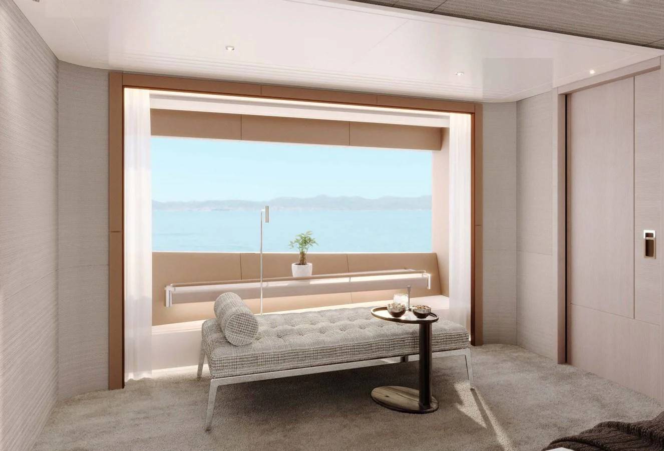 A serene stateroom with a large window offering a stunning ocean view. aboard LUMINA Yacht for Sale