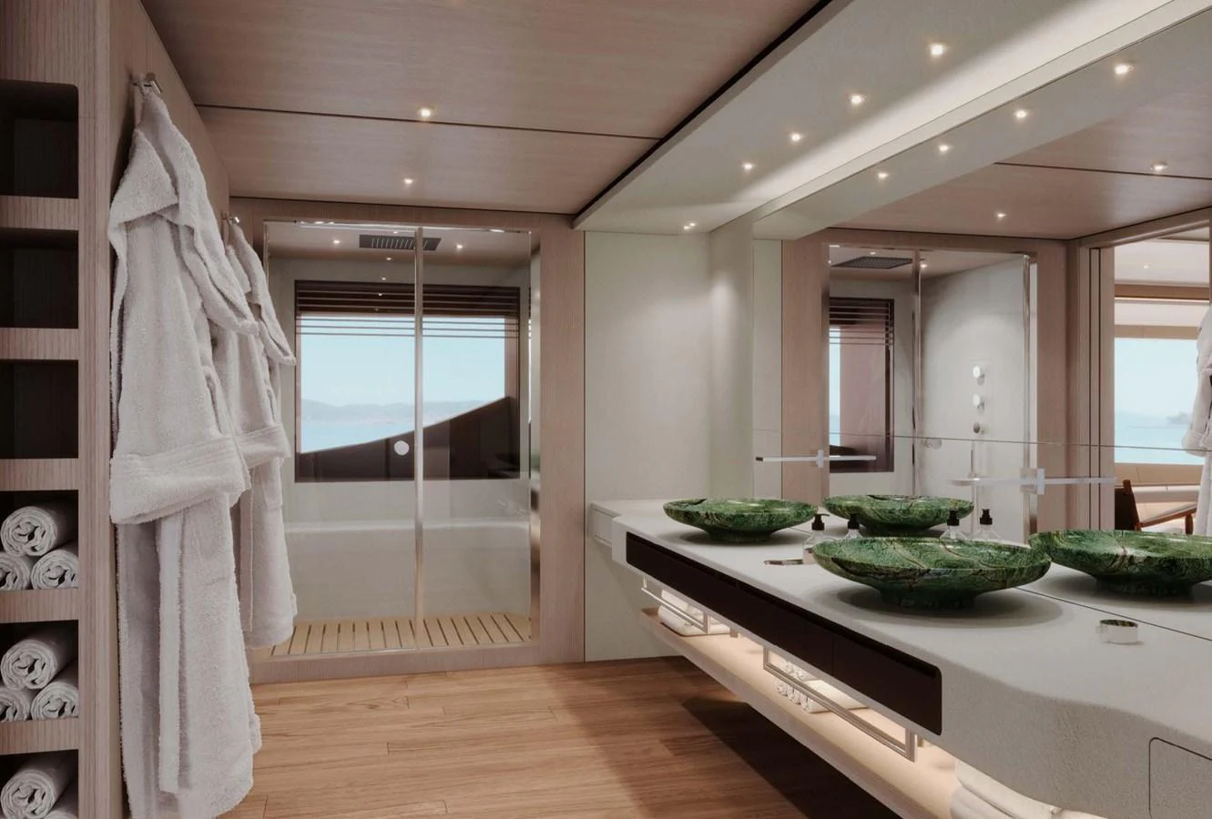 This luxurious yacht bathroom features elegant fixtures and a serene ambiance. aboard LUMINA Yacht for Sale