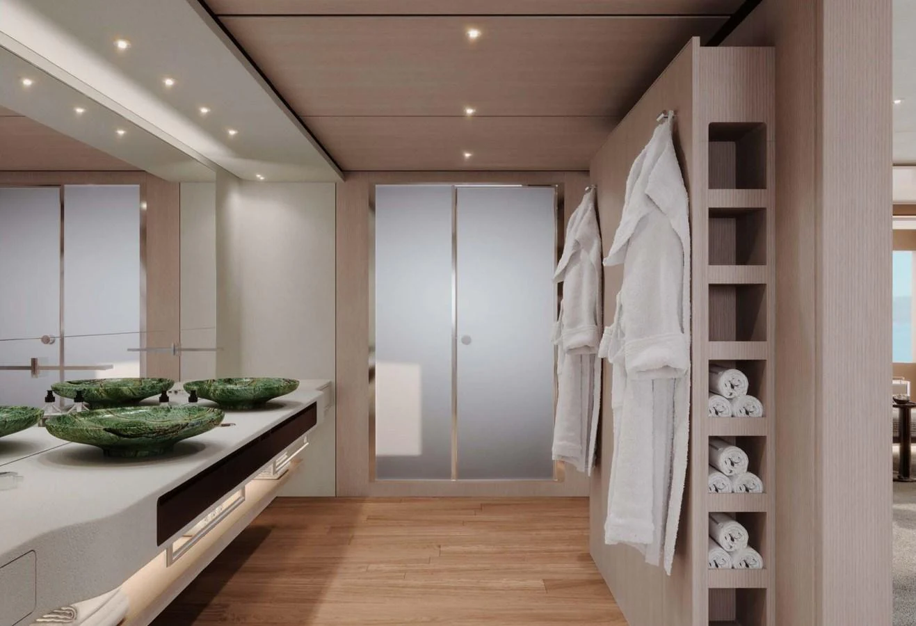 The yacht's bathroom features a modern design with elegant fixtures and ample storage. aboard LUMINA Yacht for Sale