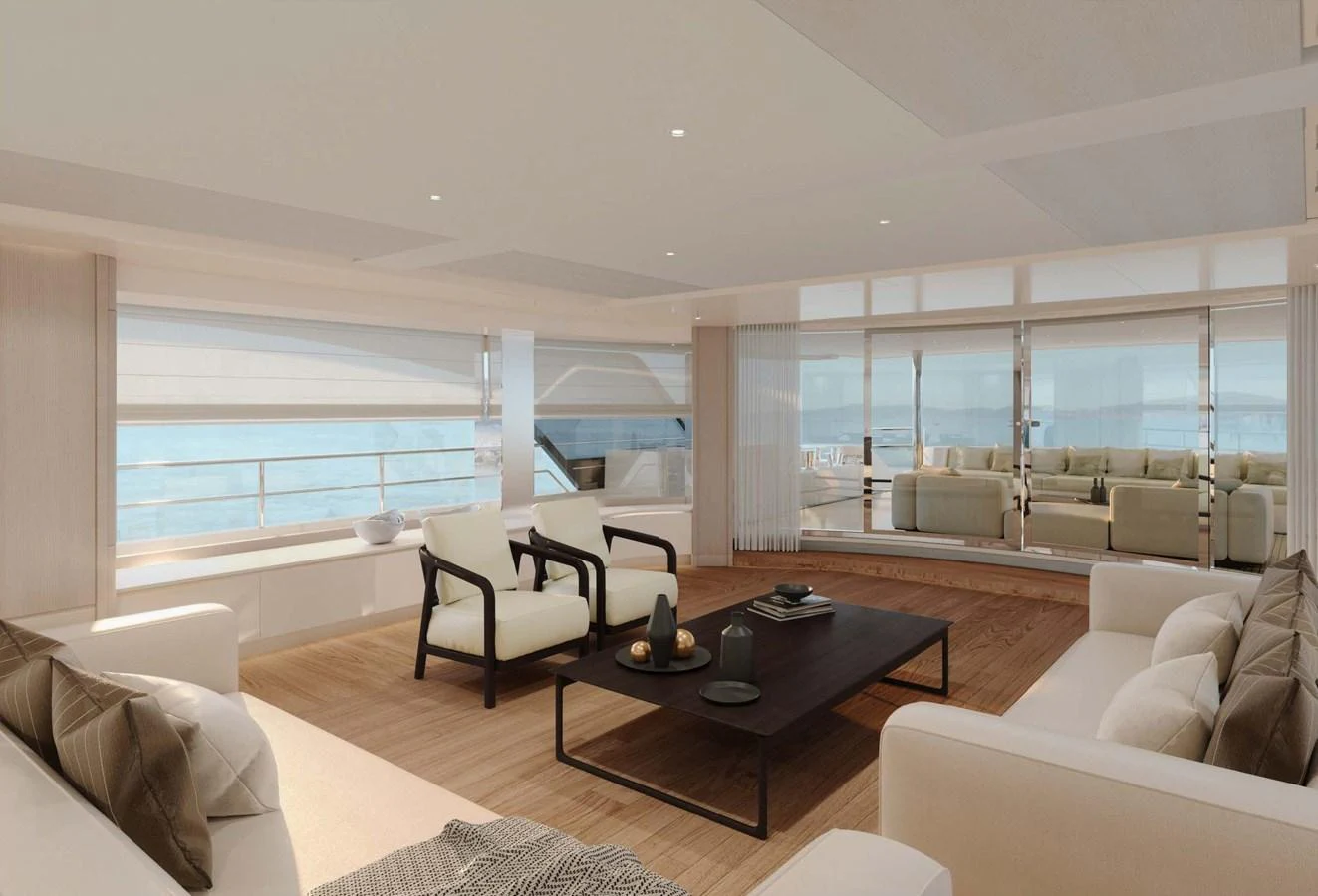The salon offers a spacious and elegantly designed area with ample seating and panoramic views. aboard LUMINA Yacht for Sale