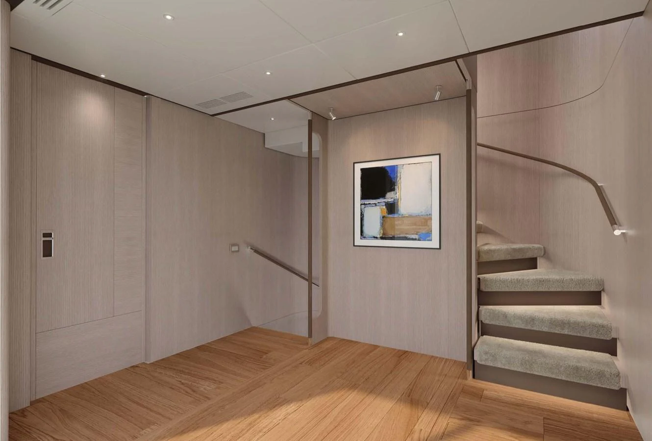 A modern interior space featuring a staircase and contemporary artwork. aboard LUMINA Yacht for Sale
