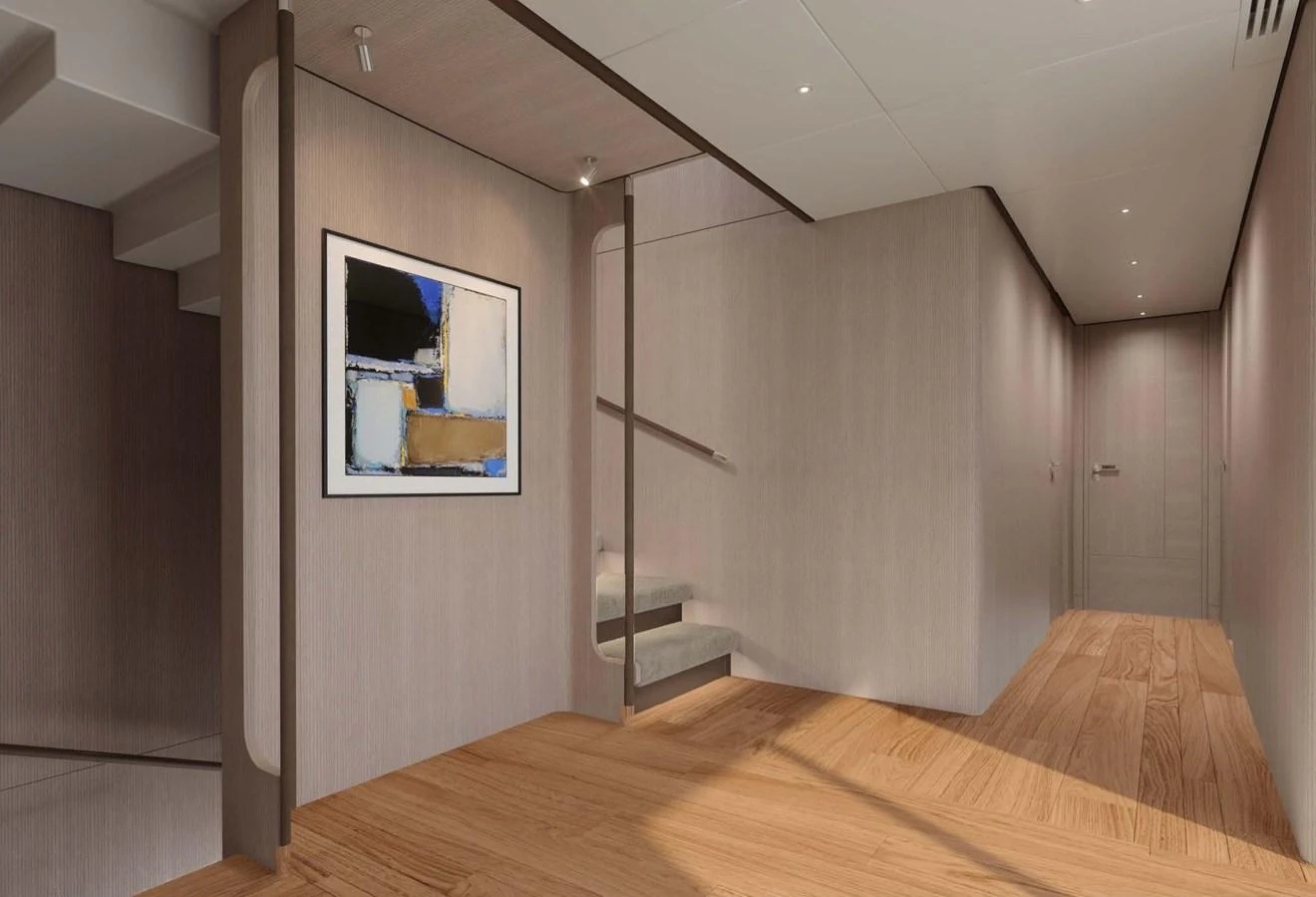 The yacht's interior features a modern hallway with wooden flooring and contemporary artwork. aboard LUMINA Yacht for Sale