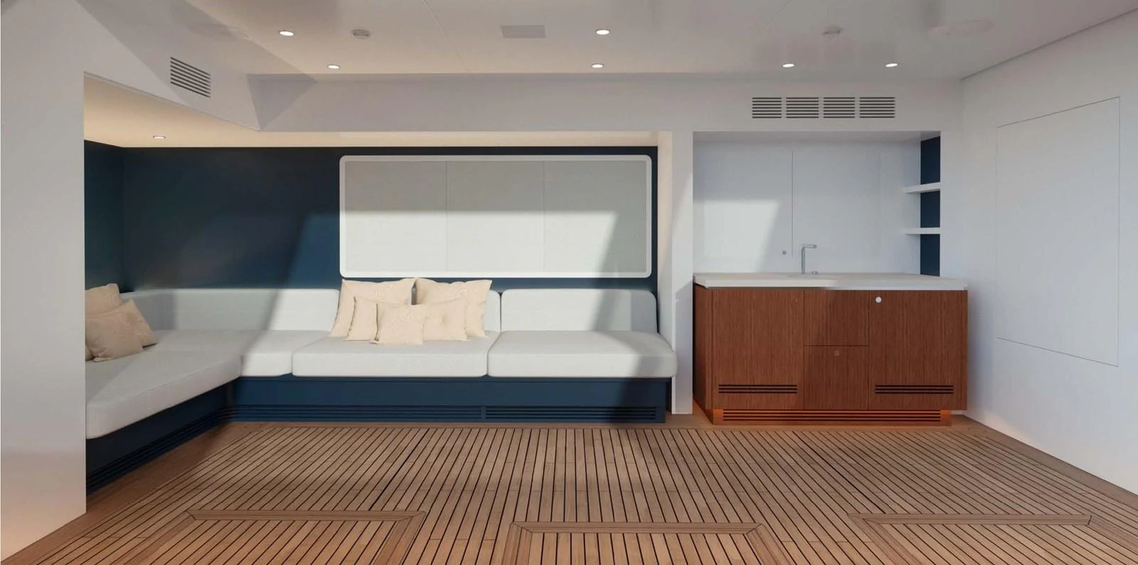 The interior features a spacious lounge area with modern seating and a sleek wooden floor. aboard LUMINA Yacht for Sale