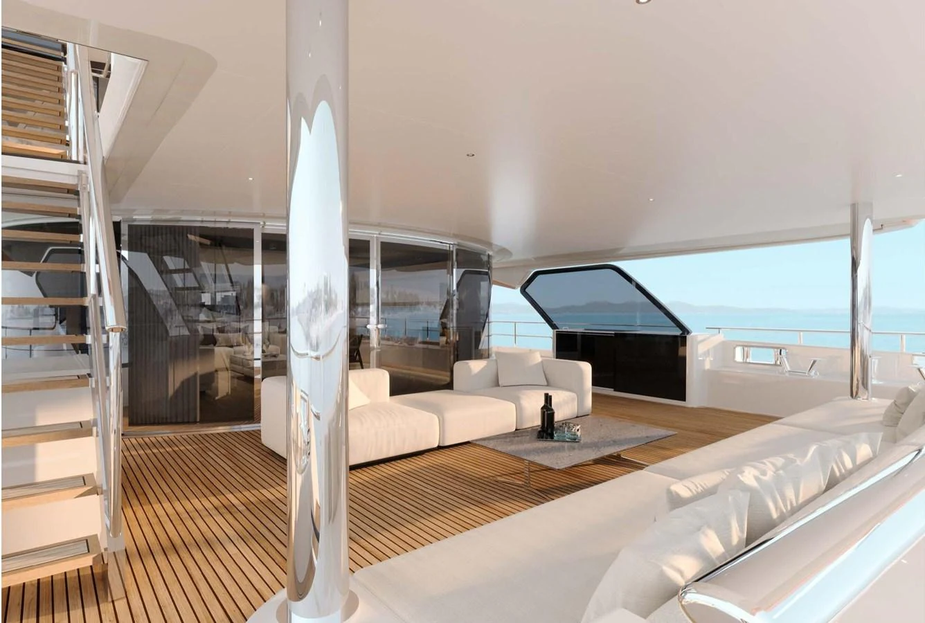 The sundeck features luxurious seating areas with panoramic views and modern design elements. aboard LUMINA Yacht for Sale