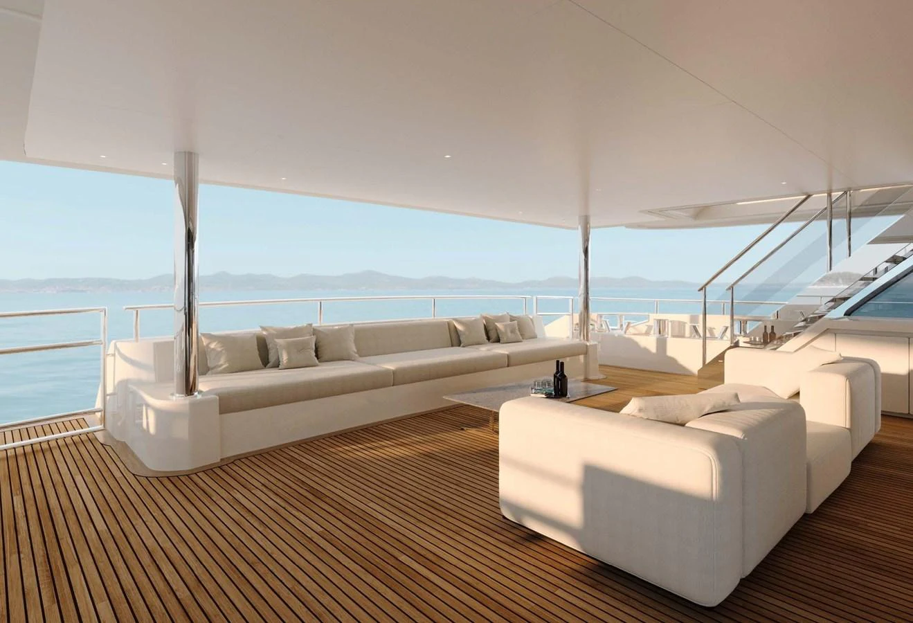The aft deck features luxurious seating with stunning ocean views. aboard LUMINA Yacht for Sale