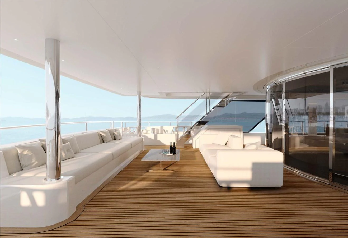 The aft deck features luxurious seating with panoramic ocean views. aboard LUMINA Yacht for Sale