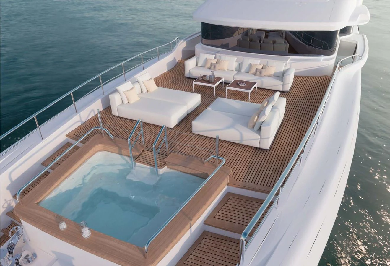 The sundeck features a luxurious hot tub and ample lounging space for relaxation. aboard LUMINA Yacht for Sale