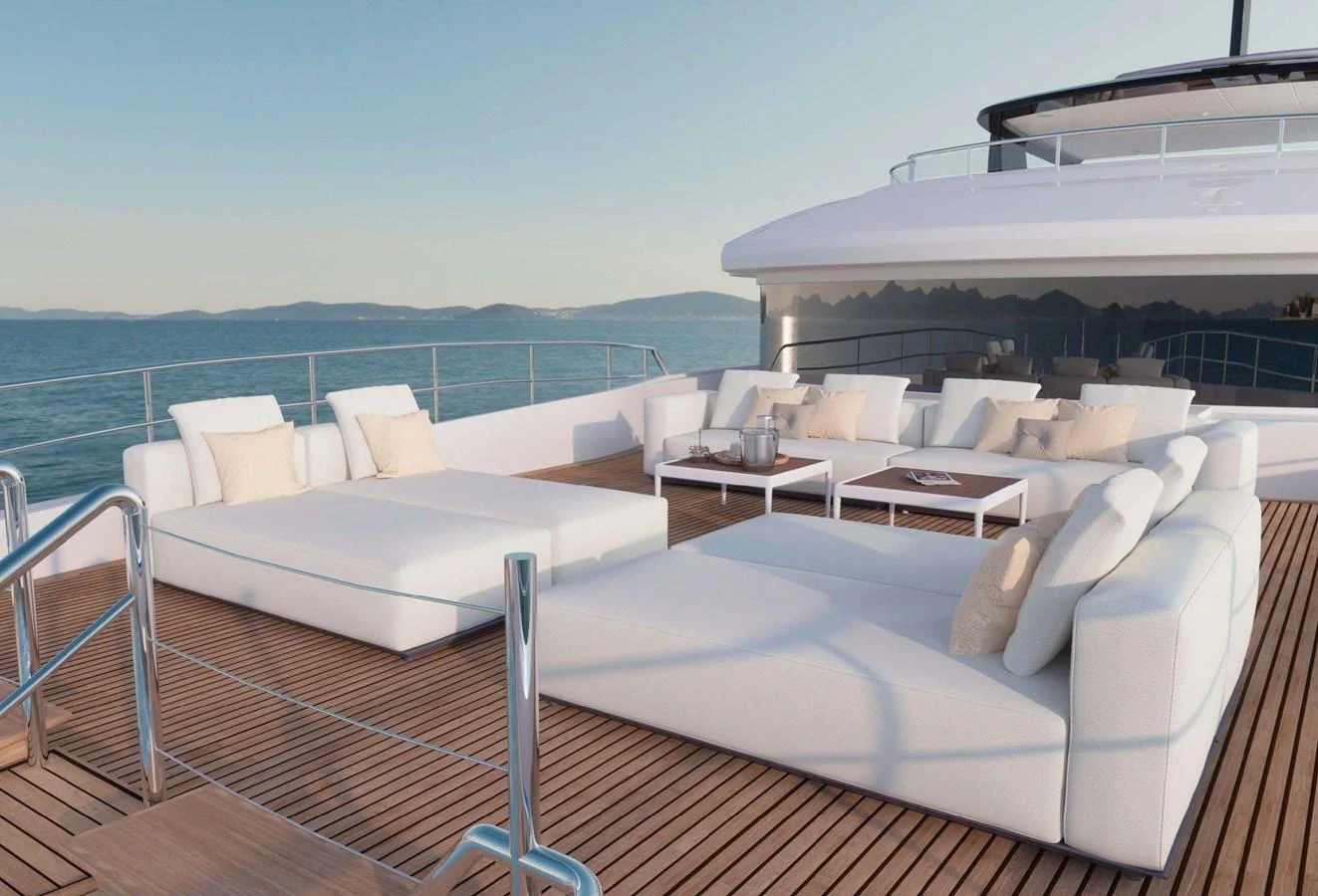 The sundeck offers luxurious lounging with expansive views of the sea. aboard LUMINA Yacht for Sale