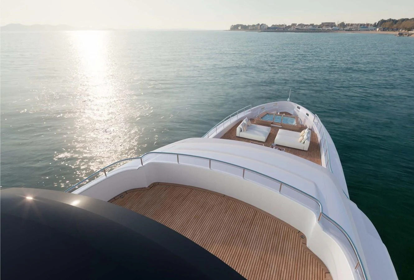The yacht's foredeck offers a spacious and serene area for relaxation with stunning views of the surrounding waters. aboard LUMINA Yacht for Sale