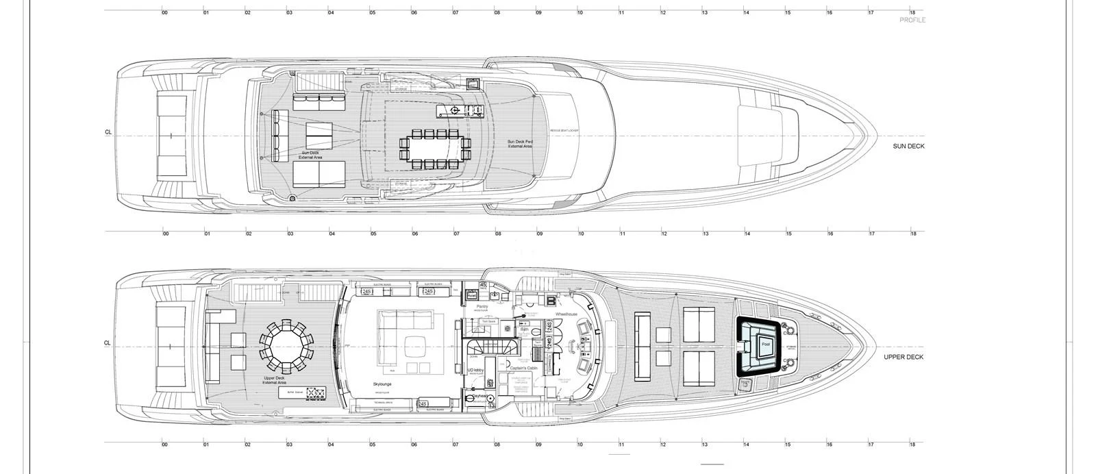 The image showcases detailed deck plans of a yacht, illustrating the layout and arrangement of various areas. aboard LUMINA Yacht for Sale