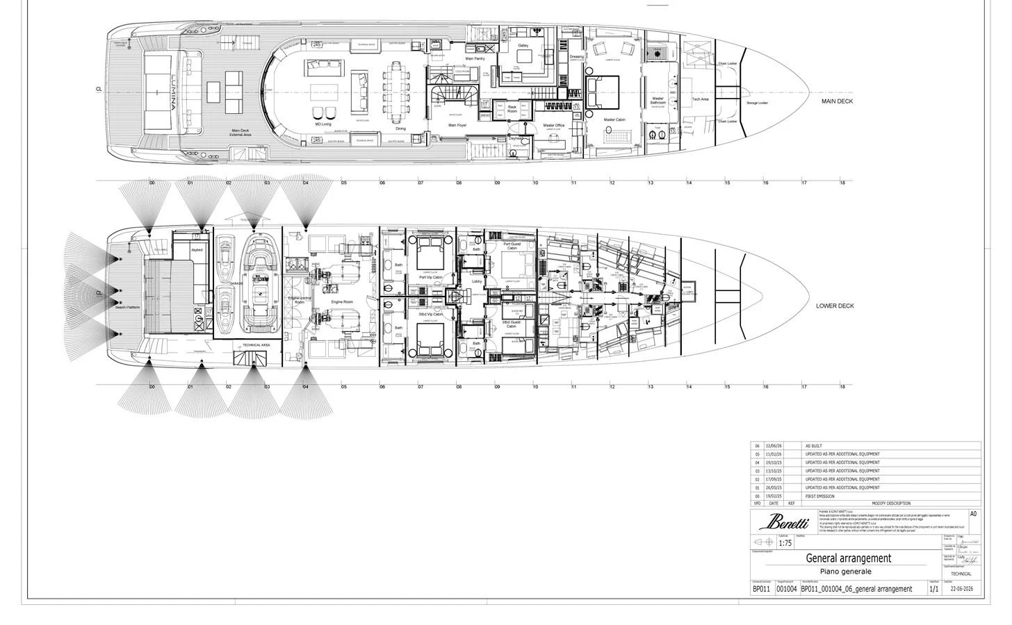 The image showcases the detailed general arrangement plans of a yacht, highlighting its layout and design. aboard LUMINA Yacht for Sale