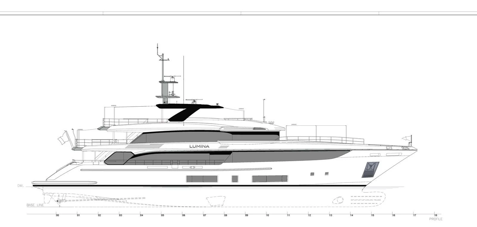 A sleek and modern yacht with a streamlined profile and luxurious design. aboard LUMINA Yacht for Sale