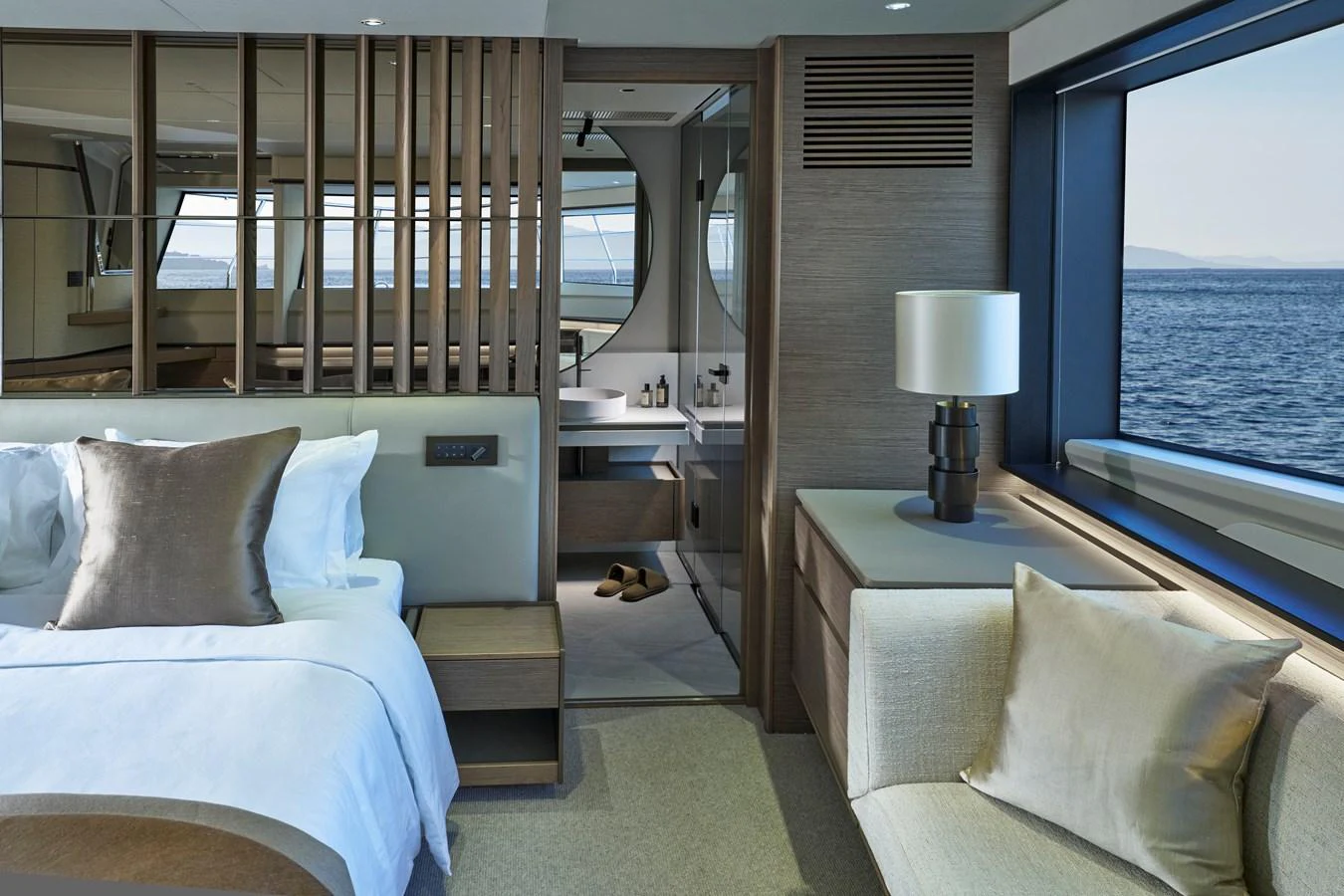 The master stateroom offers a luxurious and serene retreat with panoramic ocean views. aboard PRINCESS X90 Yacht for Sale