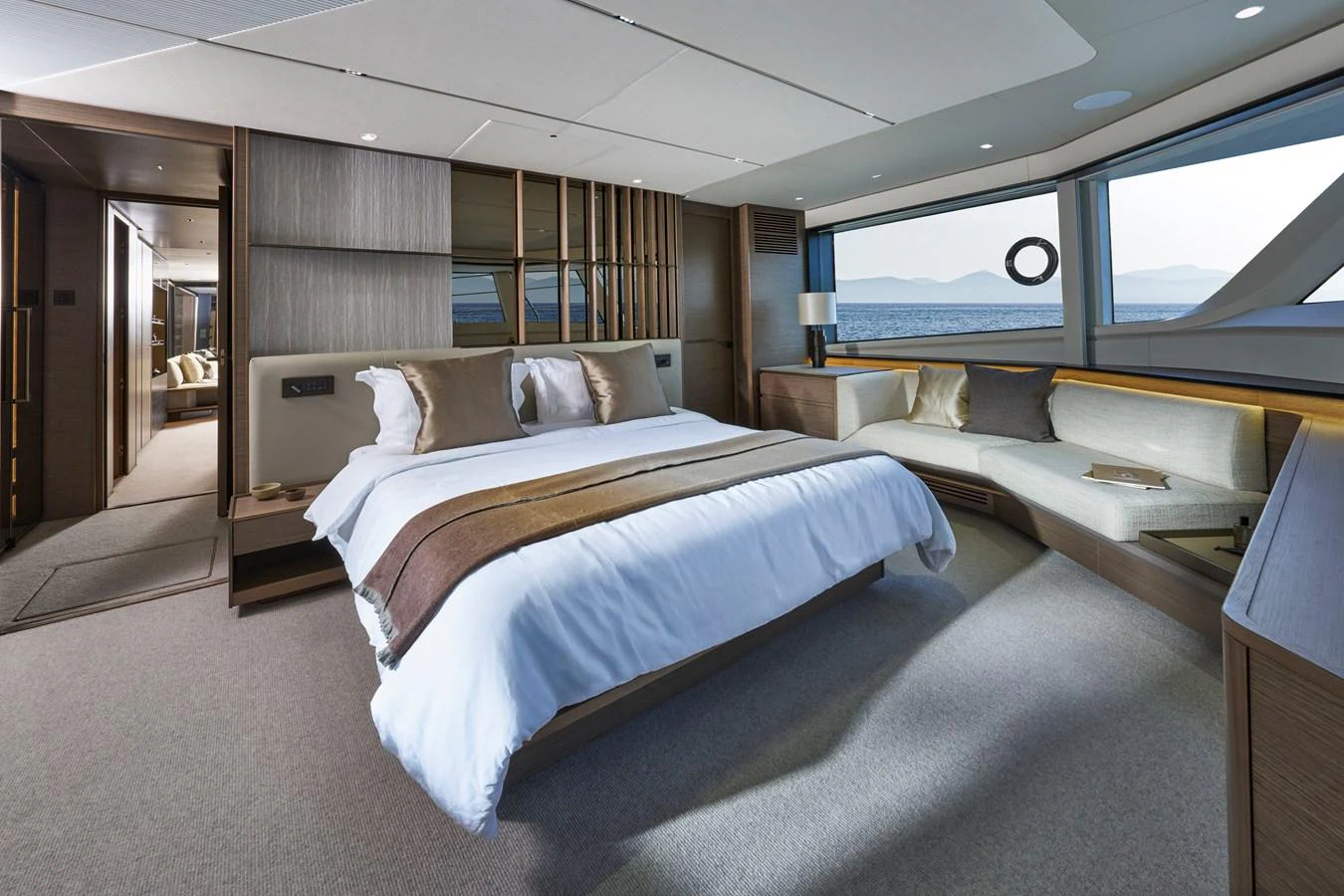 The master stateroom offers a spacious and luxurious retreat with panoramic views. aboard PRINCESS X90 Yacht for Sale