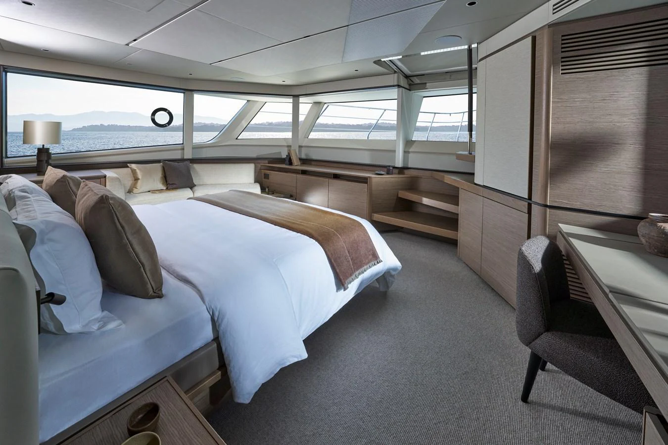 The master stateroom offers a luxurious and spacious retreat with panoramic views. aboard PRINCESS X90 Yacht for Sale