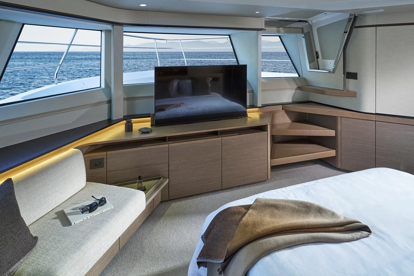 The master stateroom offers a luxurious and serene retreat with panoramic ocean views. aboard PRINCESS X90 Yacht for Sale